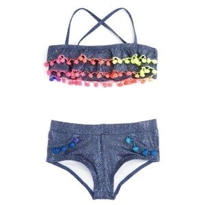 NWT Pilyq Girls Sparkle Denim Pom Pom Ruffle Bikini Sz. 10